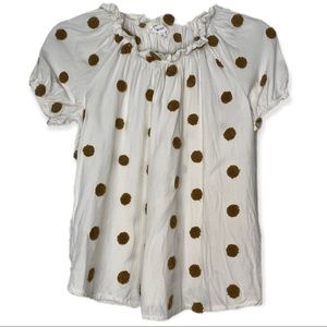 White and Brown Textured Polka Dot Puff Sleeve Blouse